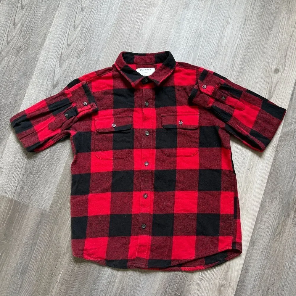 Buffalo Plaid Flannel Button Down Boys Large Red Black Pockets